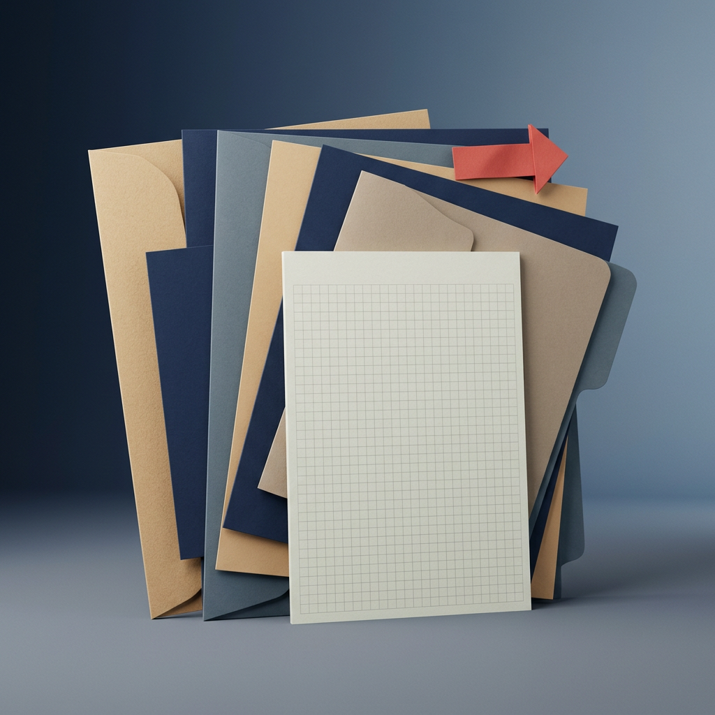 Pile de dossiers en papier bleu marine et beige, avec une feuille quadrillée et une flèche rouge