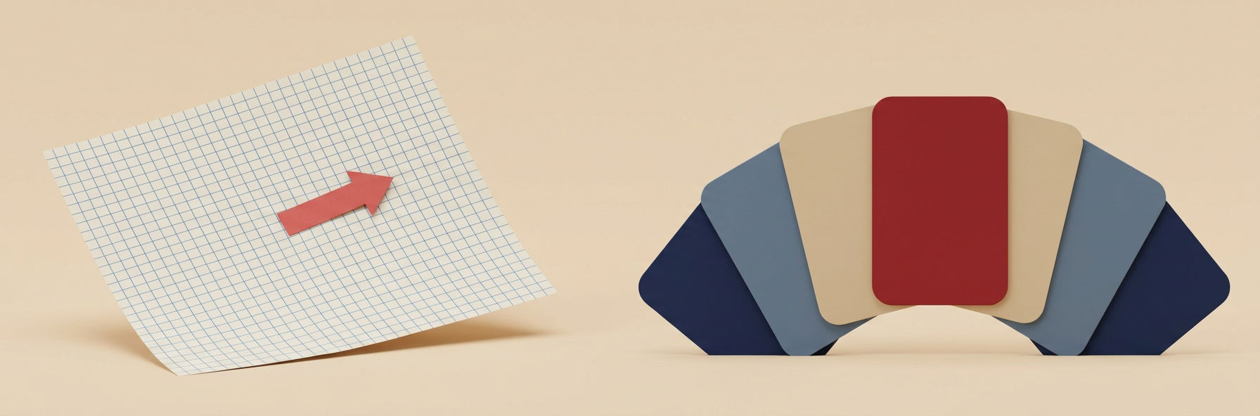 Une feuille quadrillée avec une flèche rouge et un éventail de cartes bleues, beiges et rouges